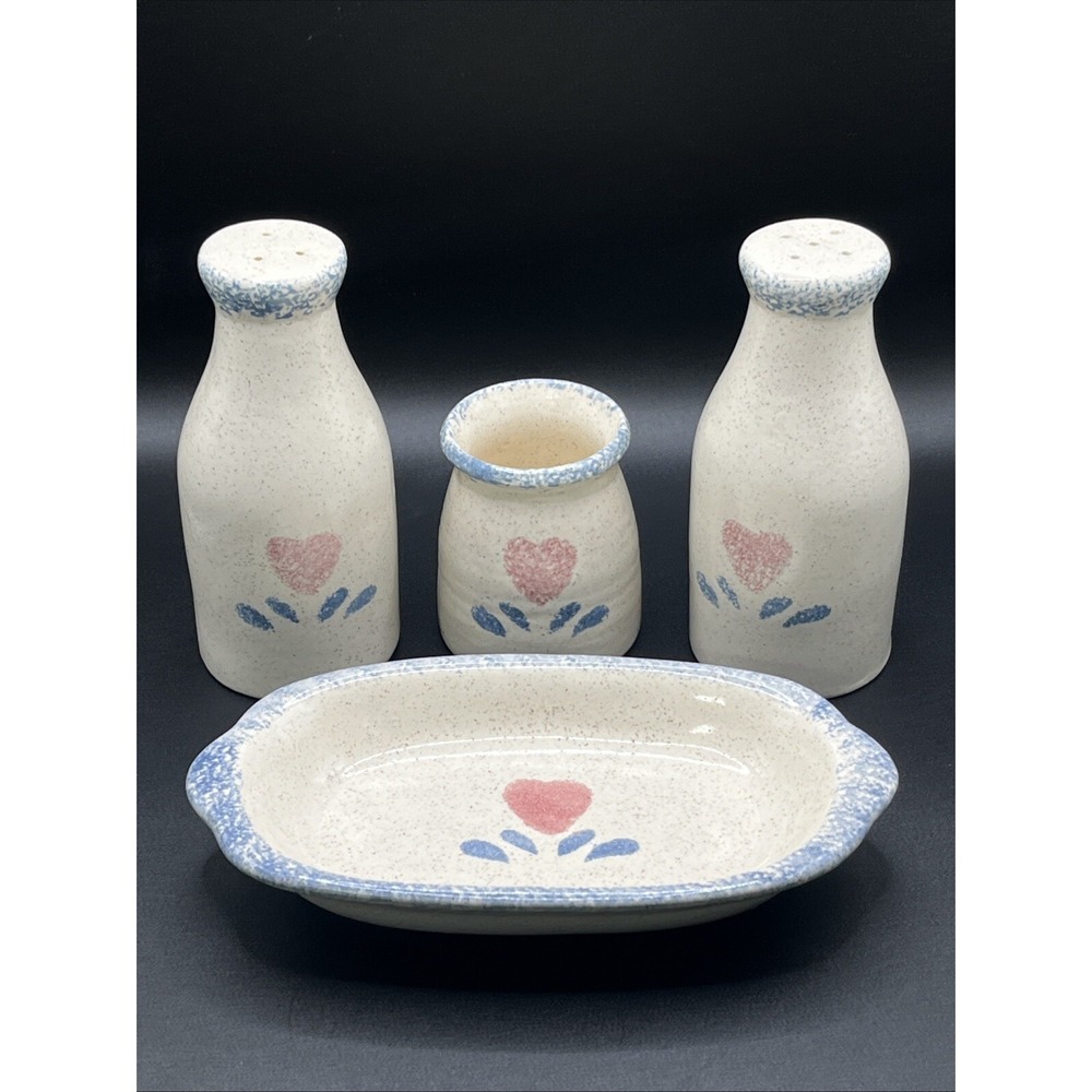 Blue Heart Stoneware‎  Salt Pepper Shakers Plate Toothpick Holder Cottagecore